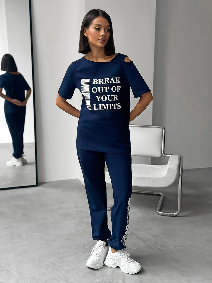 Women's casual lounge set with cut-out shoulder and statement print