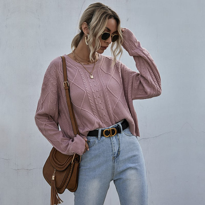 Women Casual Oversized Knit Sweater with Geometric Cable Pattern and Deep Sleeve Cuffs Mune Fashion