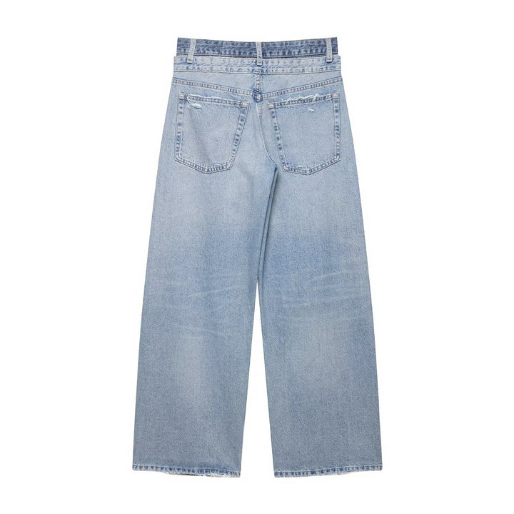 Women Loose-fitting Distressed Denim Jeans with Wide Cropped Leg Mune Fashion