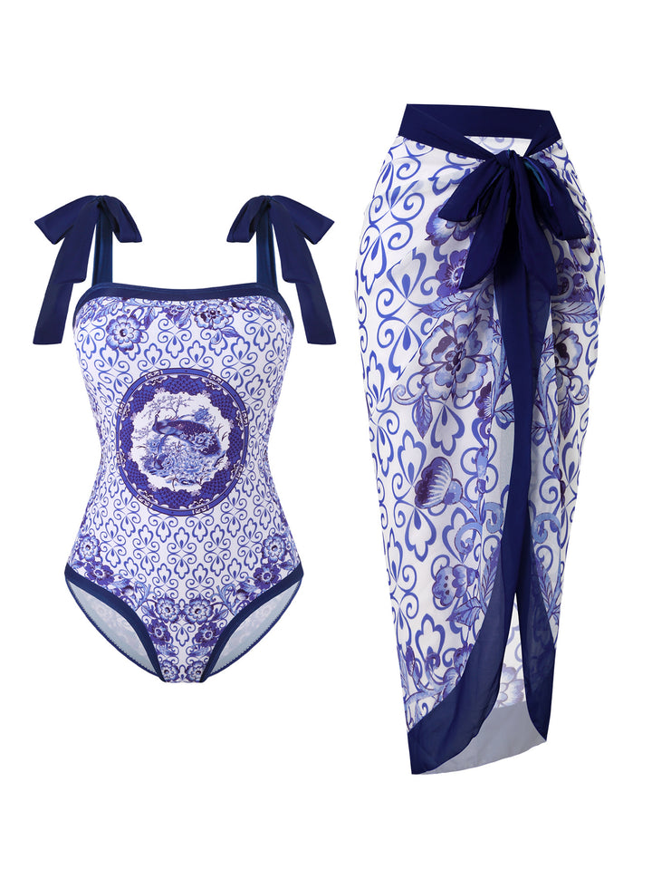 Women's swimsuit with floral design and transparent wrap skirt Mune Fashion