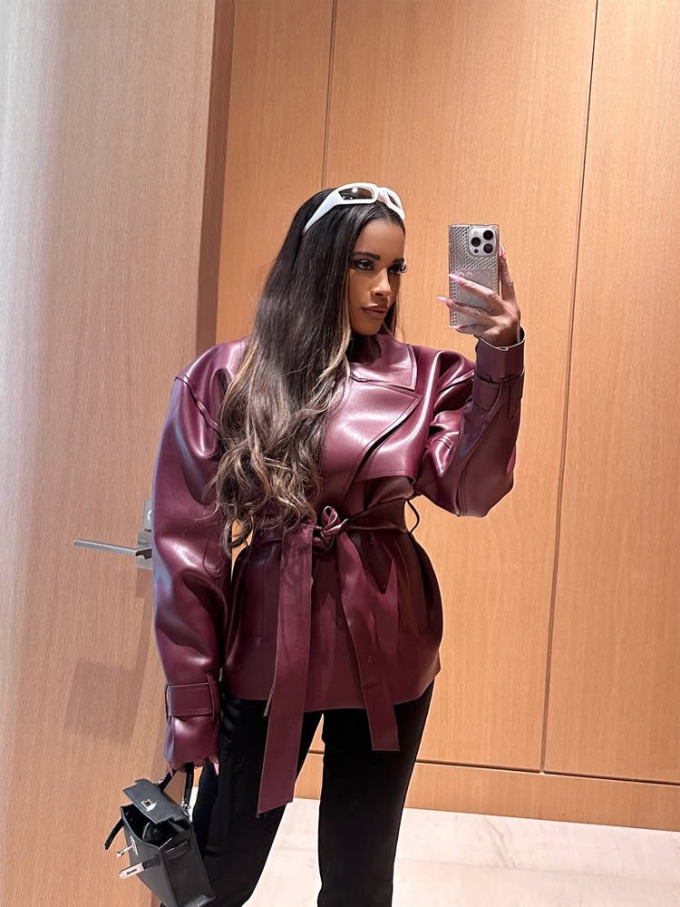 Women's Tailored Faux Leather Blouson with Ties and Voluminous Shoulder Area Mune Fashion