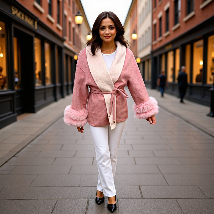 Women's short coat with wide shawl collar, belt and fur cuffs Mune Fashion