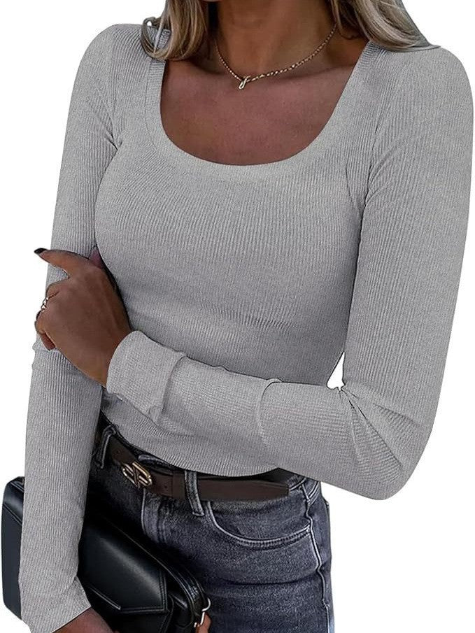 Women's form-fitting ribbed long sleeve with wide square neckline and stretch material