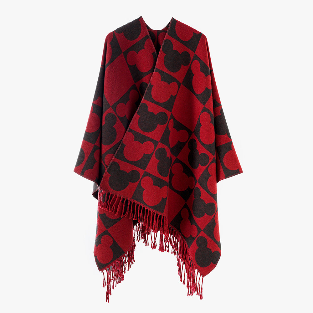 Women Oversize Jacquard Poncho with Graphic Head Silhouette Pattern and Fringes Mune Fashion