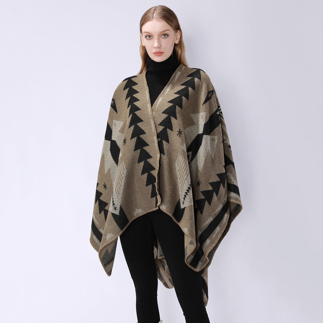 Women's wool blend cape with graphic ethnic pattern and decorative overlock seam Mune Fashion