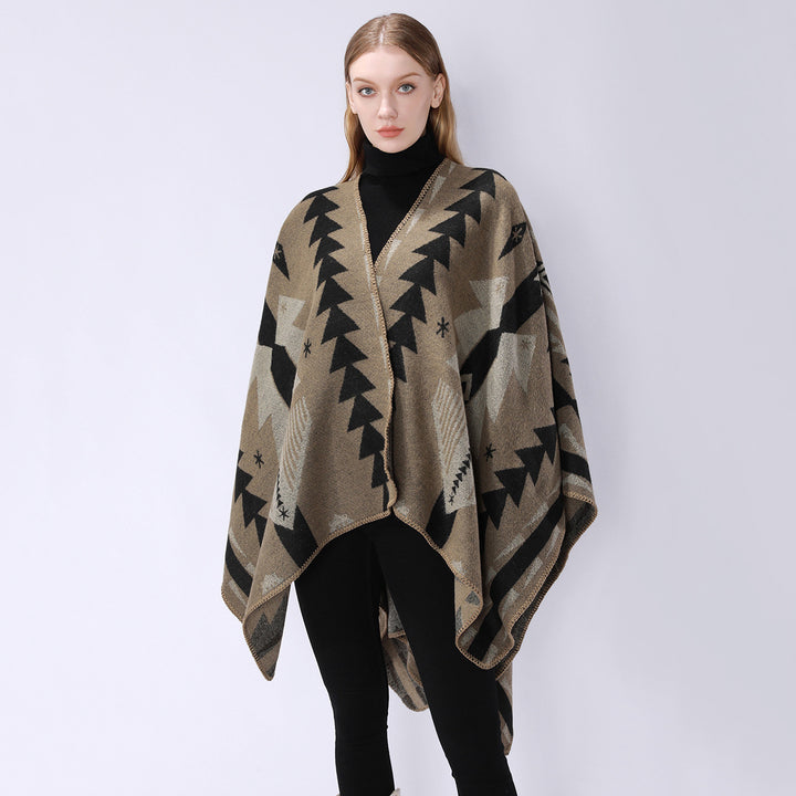 Women's wool blend cape with graphic ethnic pattern and decorative overlock seam Mune Fashion