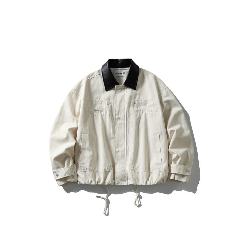 Men's short-cut boxy blouson jacket with faux leather collar, drawstring hem, and snap button cuffs Mune Fashion