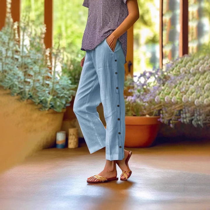 Women Light Linen Blend Pants with Side Button Placket and Straight Cropped Cut Mune Fashion