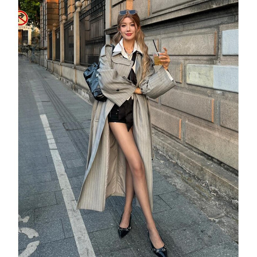 Women Longer Striped Oversize Trench Coat with Wide Lapels and Balloon Sleeves Mune Fashion