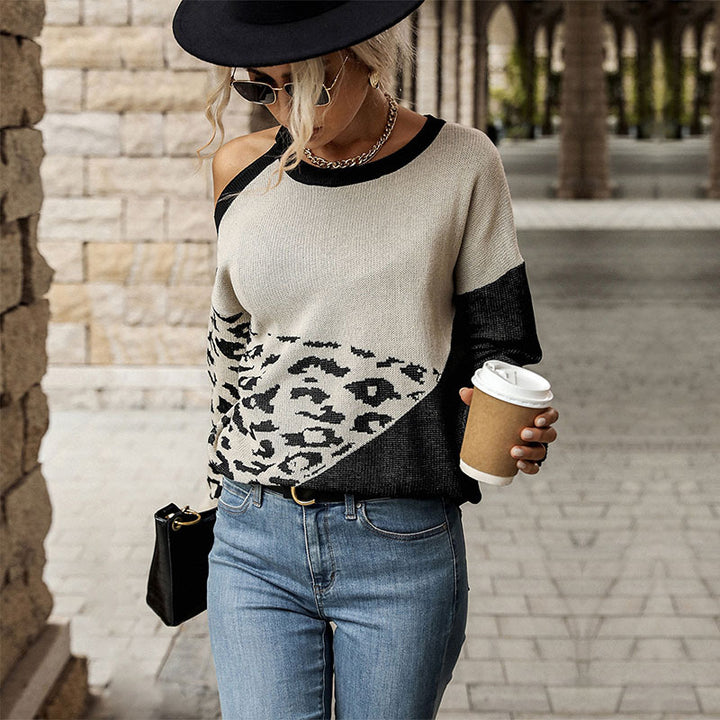 Women's Casual Knitted Sweater with Leopard Print Mune Fashion