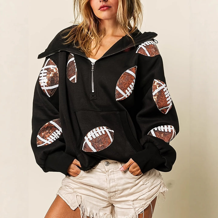 Women's Oversized Hoodie with Half Zipper and Sequin Football Application Mune Fashion