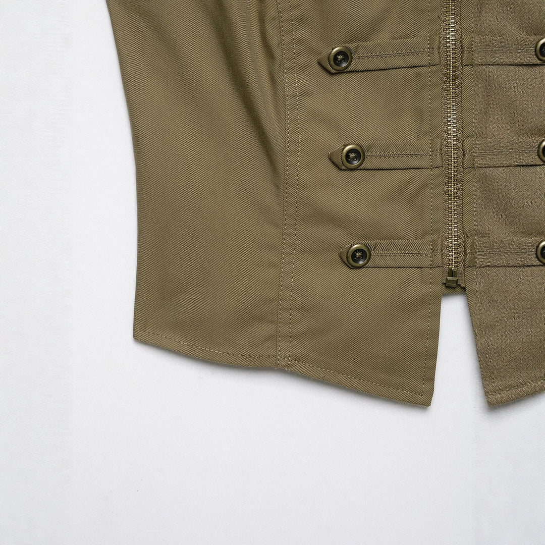 Ladies Tailored Canvas Vest with Front Zipper and Decorative Button Ribbons Mune Fashion