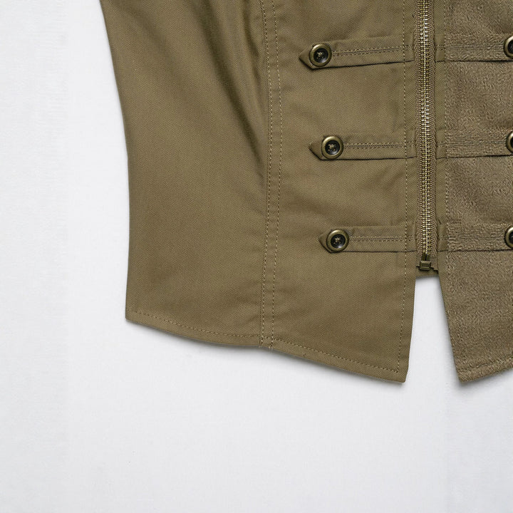 Ladies Tailored Canvas Vest with Front Zipper and Decorative Button Ribbons Mune Fashion