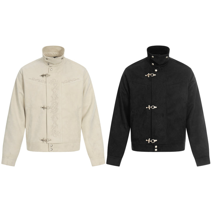Men's short-cut suede leather blouson with stand-up collar, decorative embroidery, and toggle closure Mune Fashion