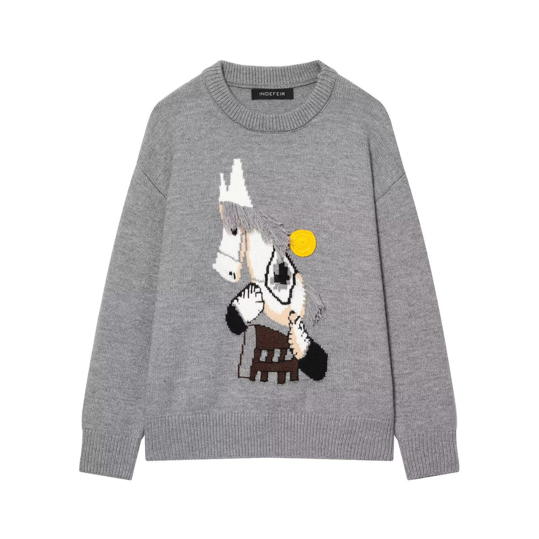 Women's knitted sweater with horse motif and fringe appliqué, oversized round neck Mune Fashion