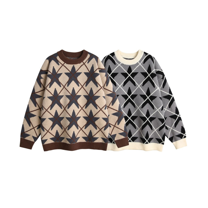 Unisex Chunky Knit Crew Neck Sweater with Star Jacquard Mune Fashion
