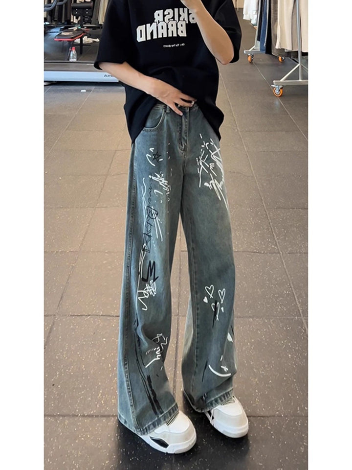 Women's Wide-Cut Jeans with Artistic Graphic Print Mune Fashion