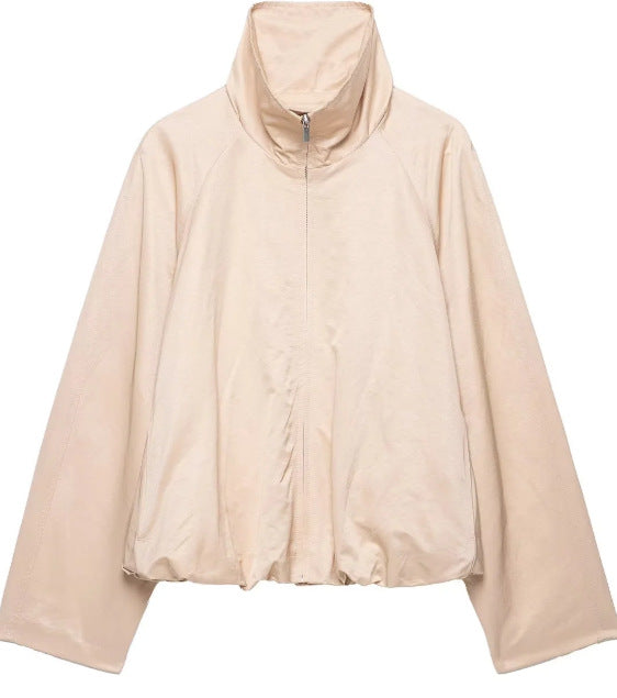Women Short Blouson made of Artificial Leather with Double-Breasted Button Placket and Shoulder Cape Mune Fashion