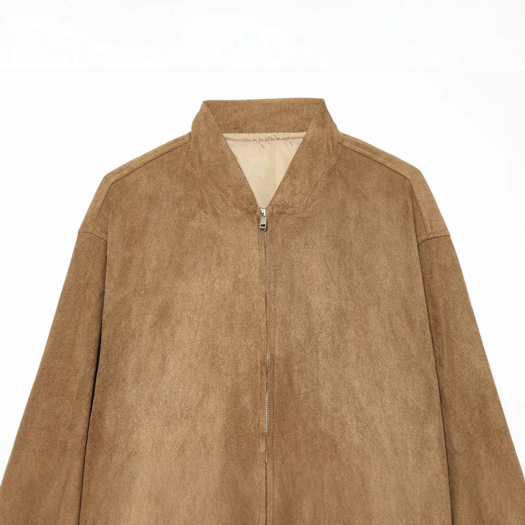 Women's Casual Oversize Bomber Jacket made of Suede-Like Material with Stand-Up Collar and Patch Pockets Mune Fashion