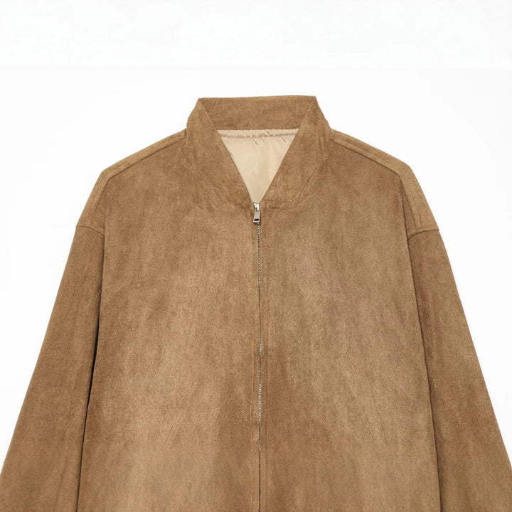 Women's Casual Oversize Bomber Jacket made of Suede-Like Material with Stand-Up Collar and Patch Pockets Mune Fashion