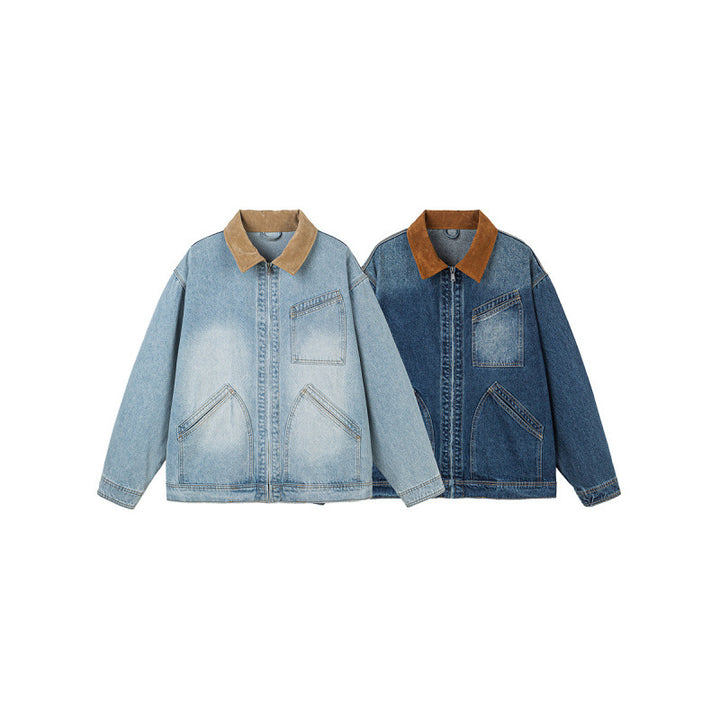 Men's Boxy Denim Jacket in Worker Style with Cord Collar and Front Zipper Mune Fashion