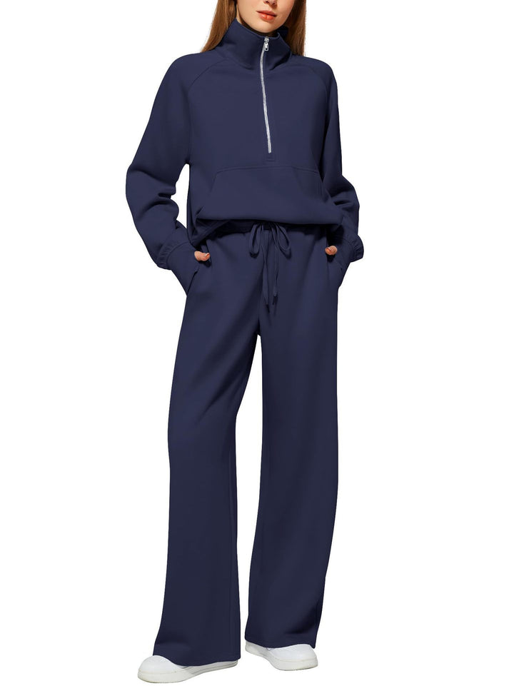 Women half-zip lounge set with high stand-up collar, kangaroo pocket and wide high-waist joggers Mune Fashion