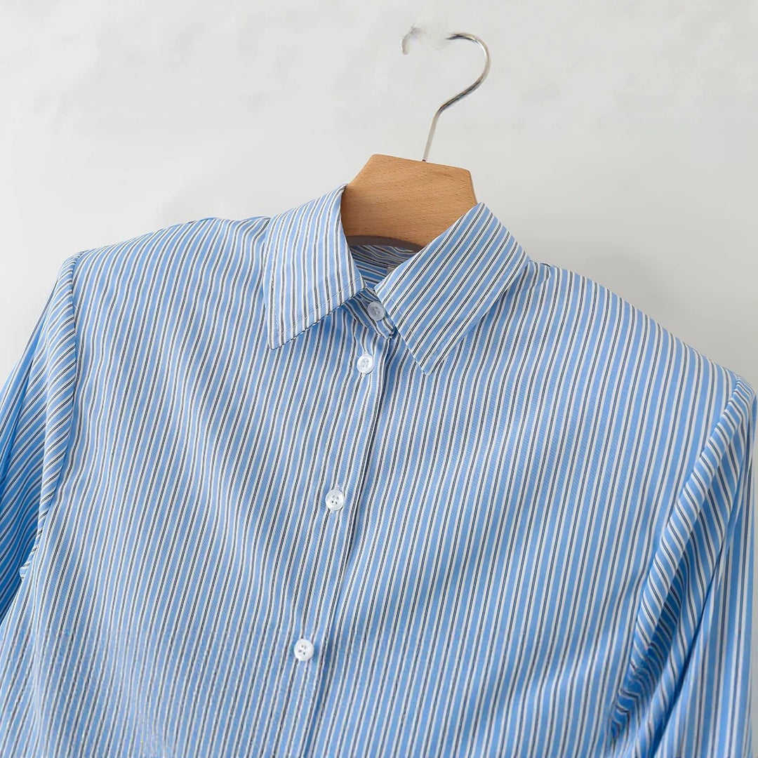 Women Oversized Striped Blouse with Shirt Collar and Cuffs Mune Fashion