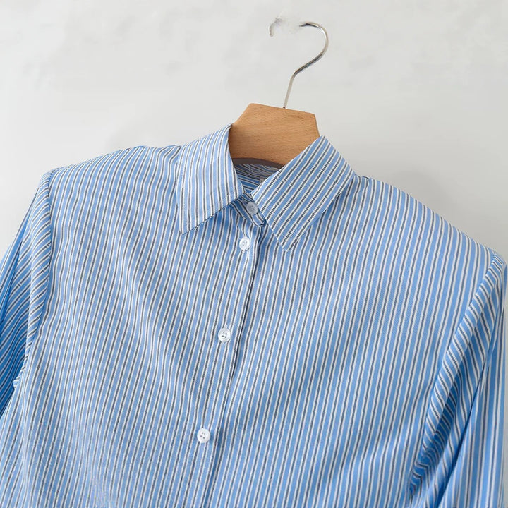 Women Oversized Striped Blouse with Shirt Collar and Cuffs Mune Fashion