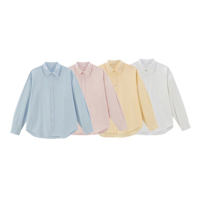 Women's Oversize Cotton Blouse with Kent Collar and Rounded Hem
