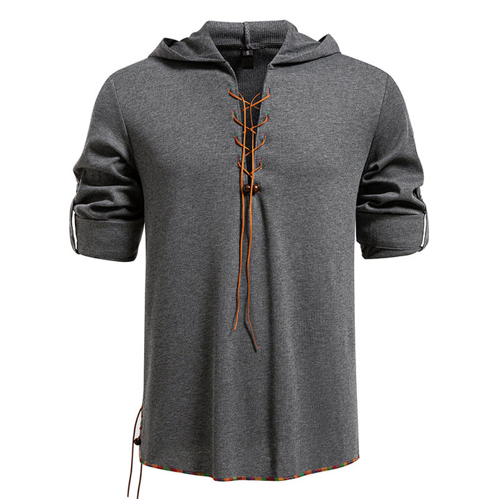 Men's Lightweight Hooded Long Sleeve Shirt with Lace Front and Roll-up Three-Quarter Sleeves Mune Fashion