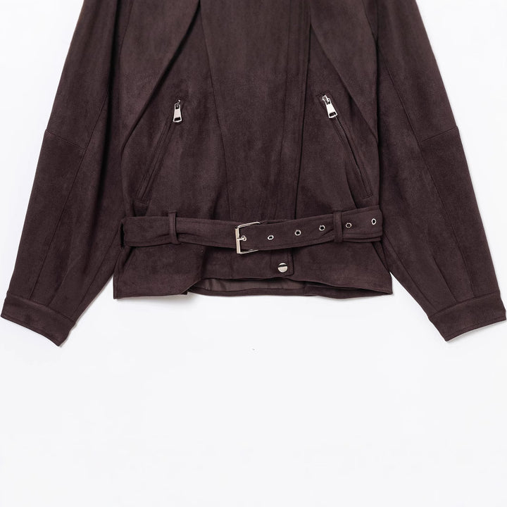Women Short Suede Look Trench Coat with Waist Belt and Zipper Details Mune Fashion