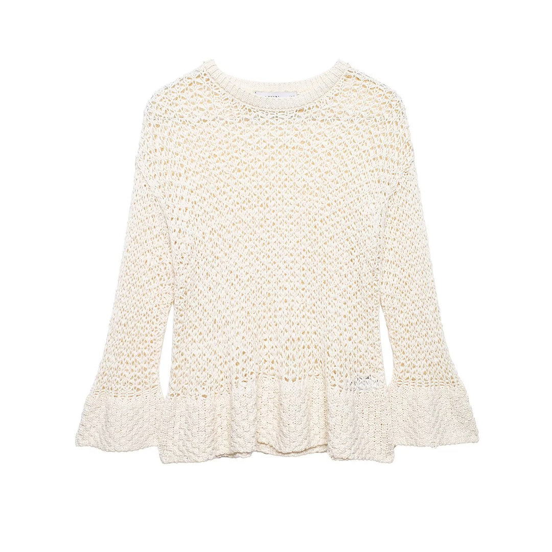 Women's Open Crochet Knit Sweater with Flared Ruffle Hem Mune Fashion