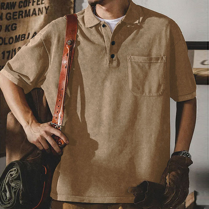 Men's loosely cut cotton polo shirt with a patch chest pocket and short button placket Mune Fashion