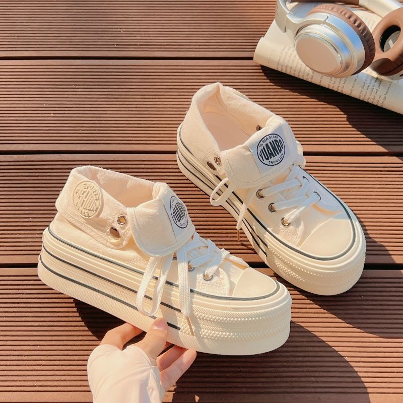 Women's High Platform Sneakers with Fashionable Fabric Upper and Loose Lacing Mune Fashion