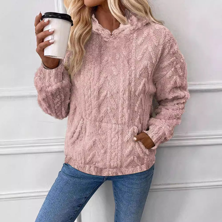 Women's cozy teddy fleece pullover with kangaroo pocket and light stand-up collar Mune Fashion