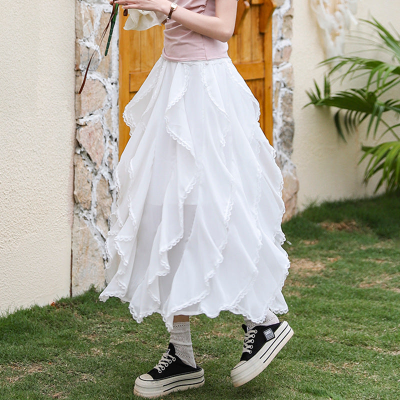 Women's multi-layered flounced tulle skirt with elastic comfort waistband and delicate lace trim Mune Fashion