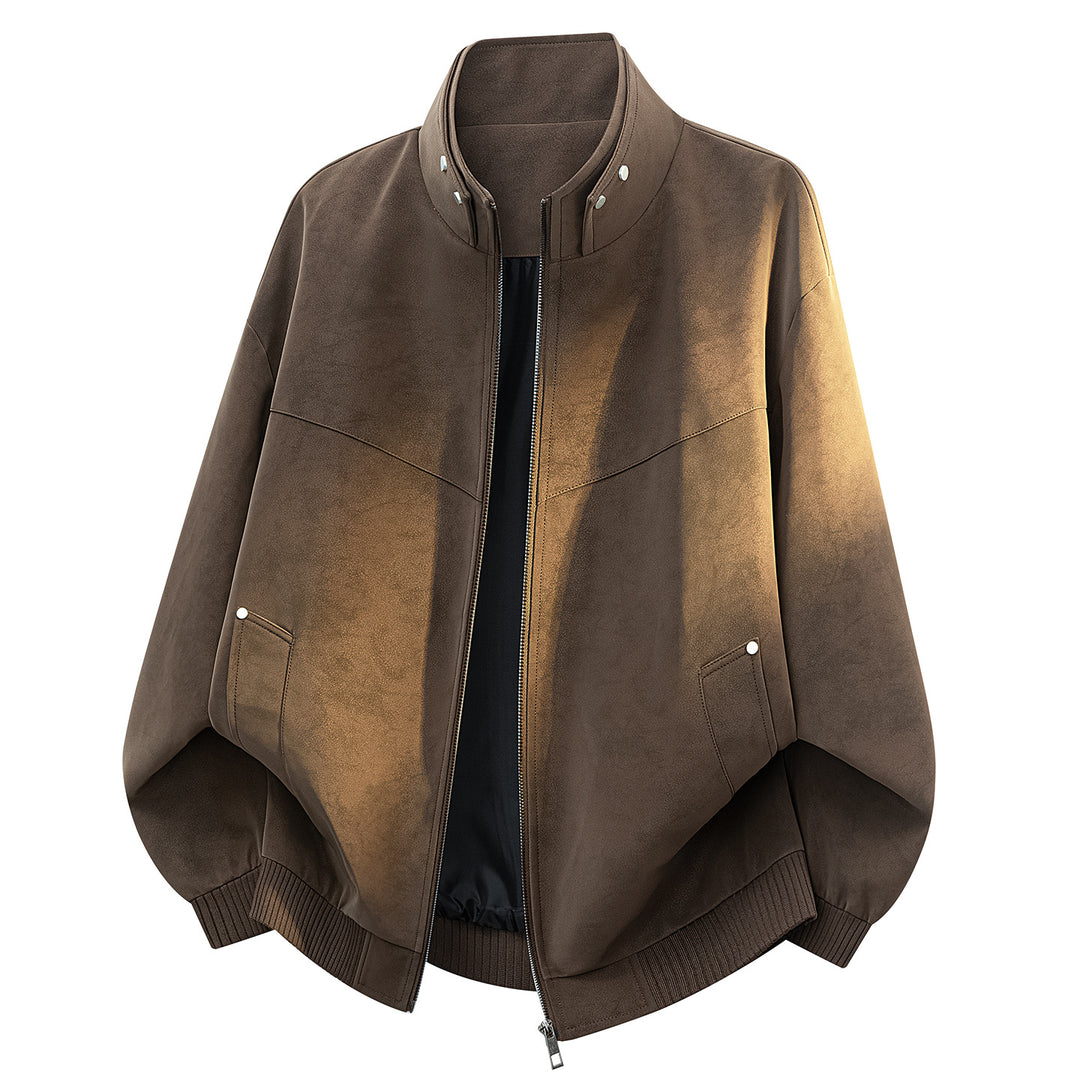 Unisex Oversize Suede-look Bomber Jacket with Stand-up Collar, Concealed Zipper & Side Pockets Mune Fashion
