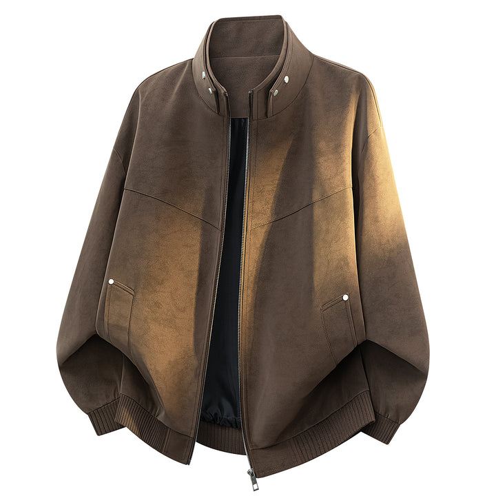 Unisex Oversize Suede-look Bomber Jacket with Stand-up Collar, Concealed Zipper & Side Pockets Mune Fashion