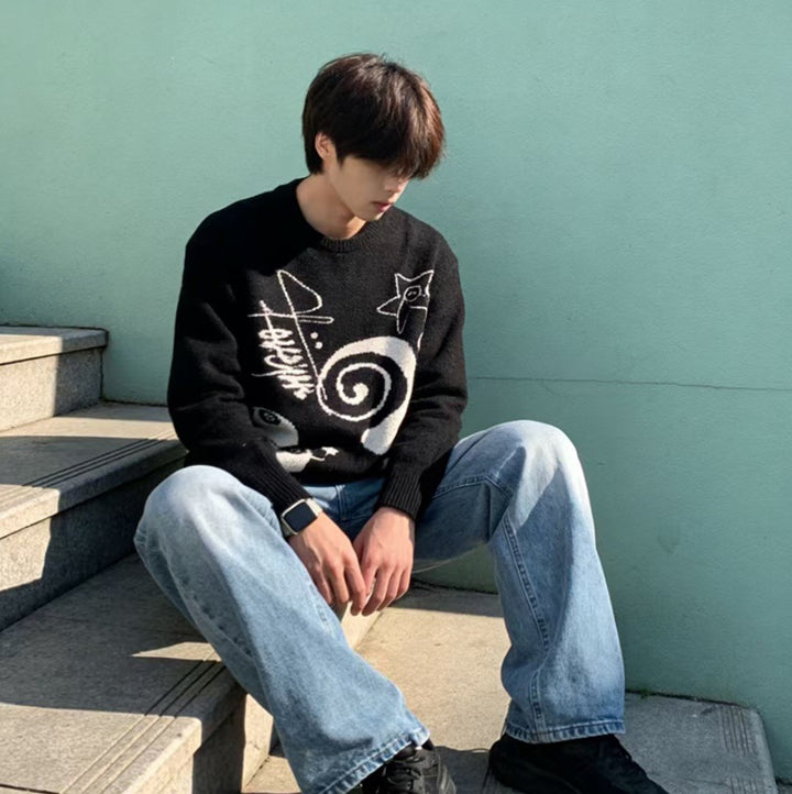 Women's Casual Chunky Knit Sweater with Unique Art Motif Mune Fashion