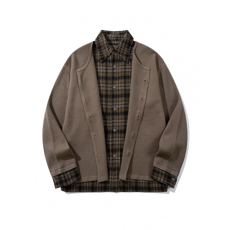 Unisex Layering Set made of checked blouse and open knit cardigan Mune Fashion