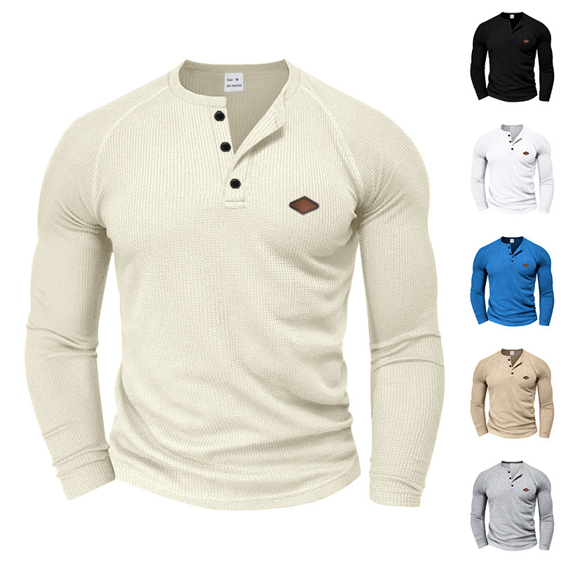 Men's structured waffle Henley shirt with short button placket, raglan sleeves, and leather patch Mune Fashion