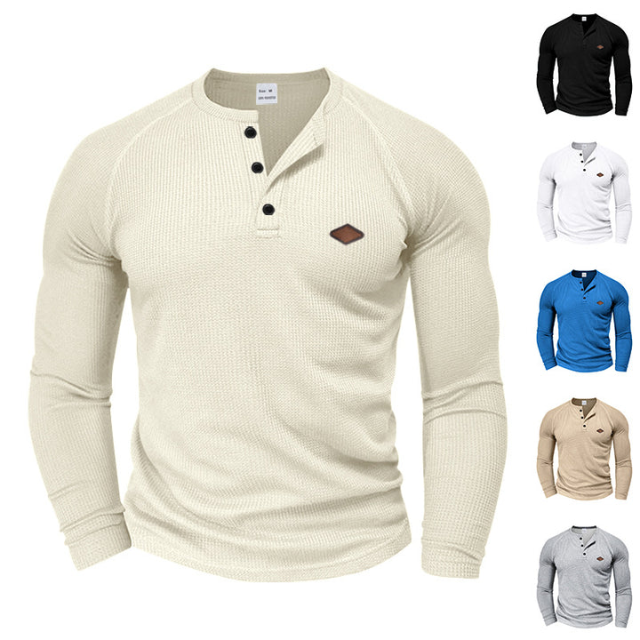 Men's structured waffle Henley shirt with short button placket, raglan sleeves, and leather patch Mune Fashion