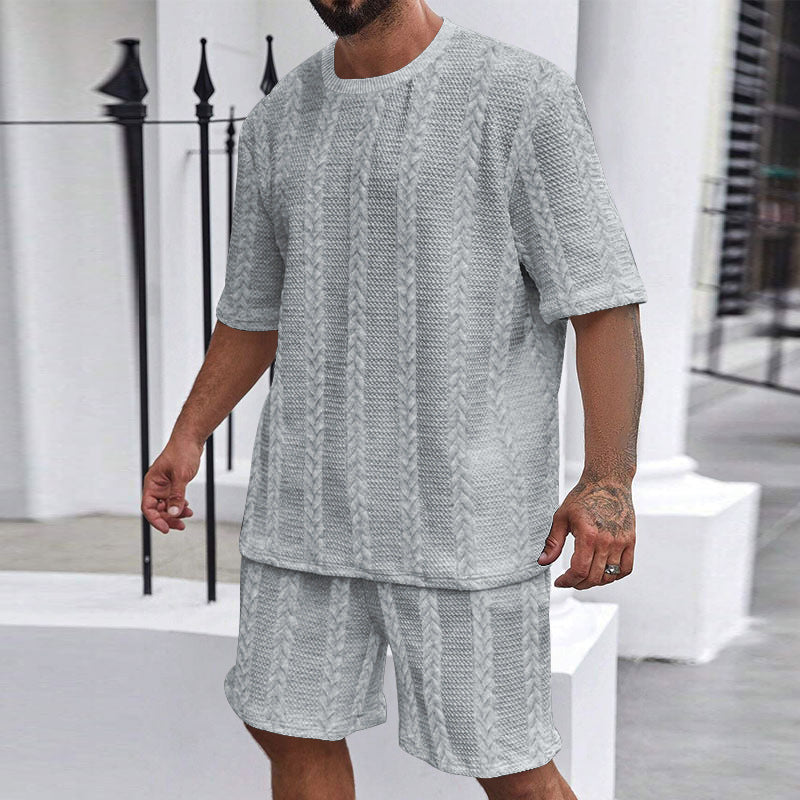 Men's relaxed braid-knit leisure set with wide short-sleeve shirt and elastic Bermuda Mune Fashion
