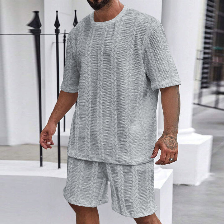 Men's relaxed braid-knit leisure set with wide short-sleeve shirt and elastic Bermuda Mune Fashion