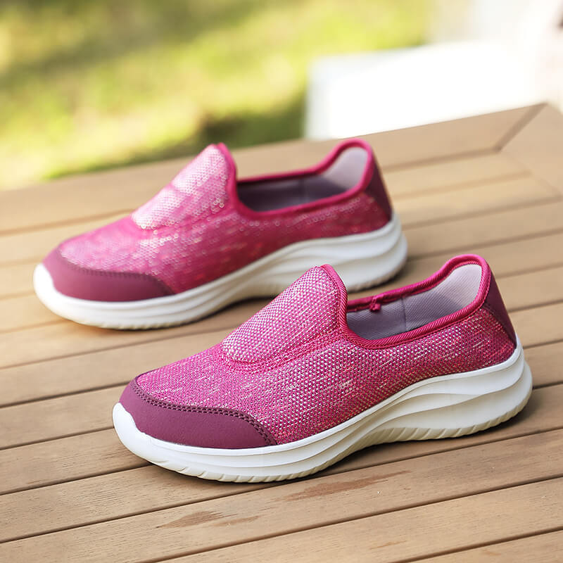 Women's elegant slip-on sneakers with elastic decorative straps, breathable knit construction and cushioned comfort sole Mune Fashion