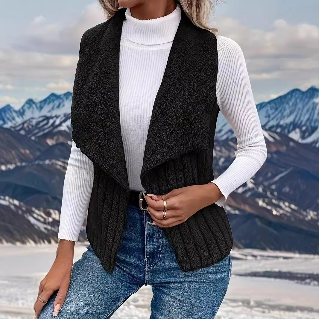 Women's cozy sleeveless teddy fleece vest with large shawl collar and textured ribbed look Mune Fashion