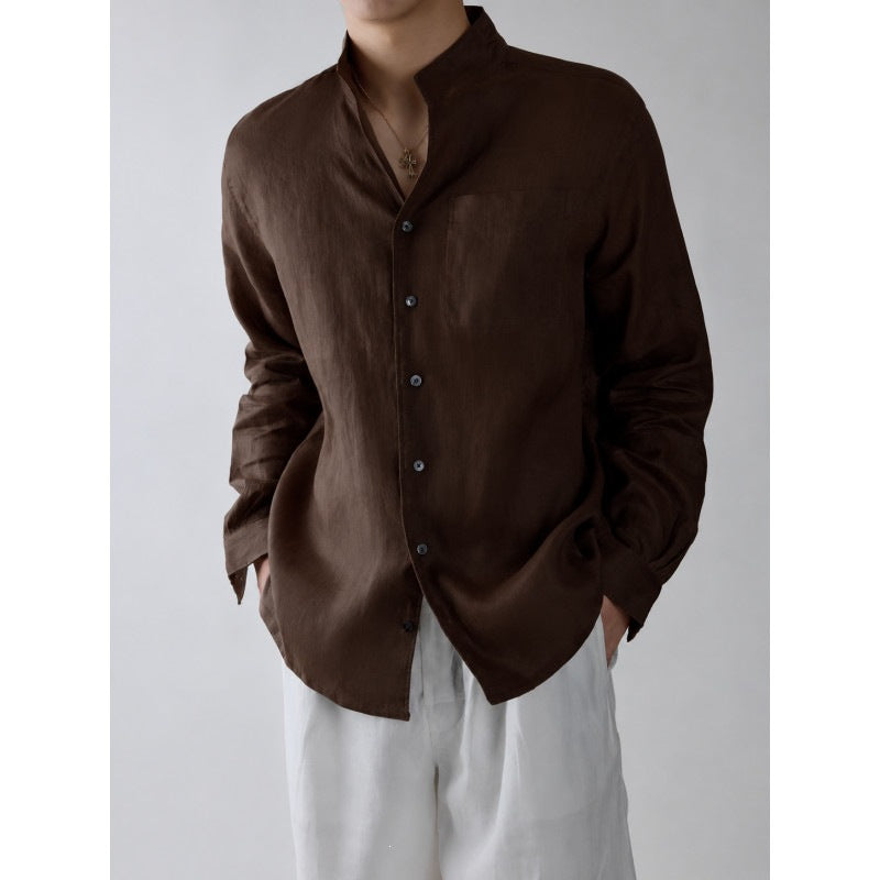 Men's Lightweight Linen Shirt with Stand-Up Collar and Chest Pocket Mune Fashion