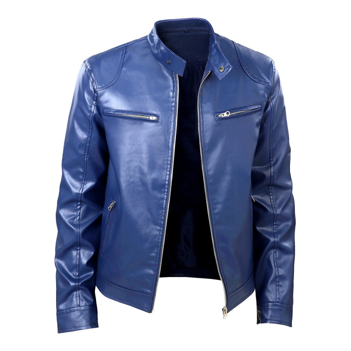 Men's leather jacket in biker style with stand-up collar and zipper pockets Mune Fashion
