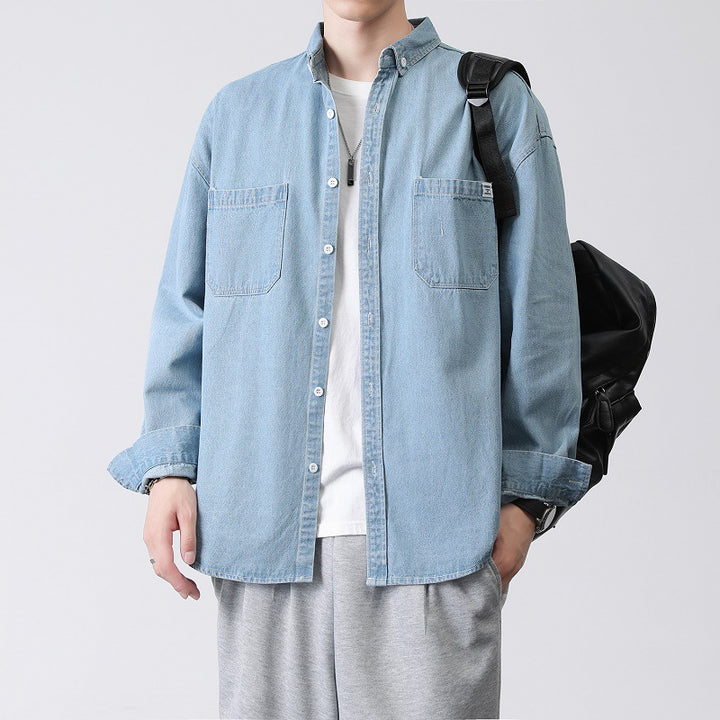Men's Oversized Denim Shirt Jacket with Chest Pockets and Button-Down Collar Mune Fashion
