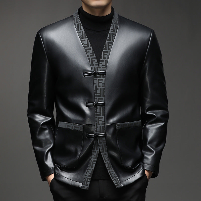Men's Faux Leather Cardigan Jacket with KnMune Fashion Fastenings and Contrasting Shawl Collar Mune Fashion